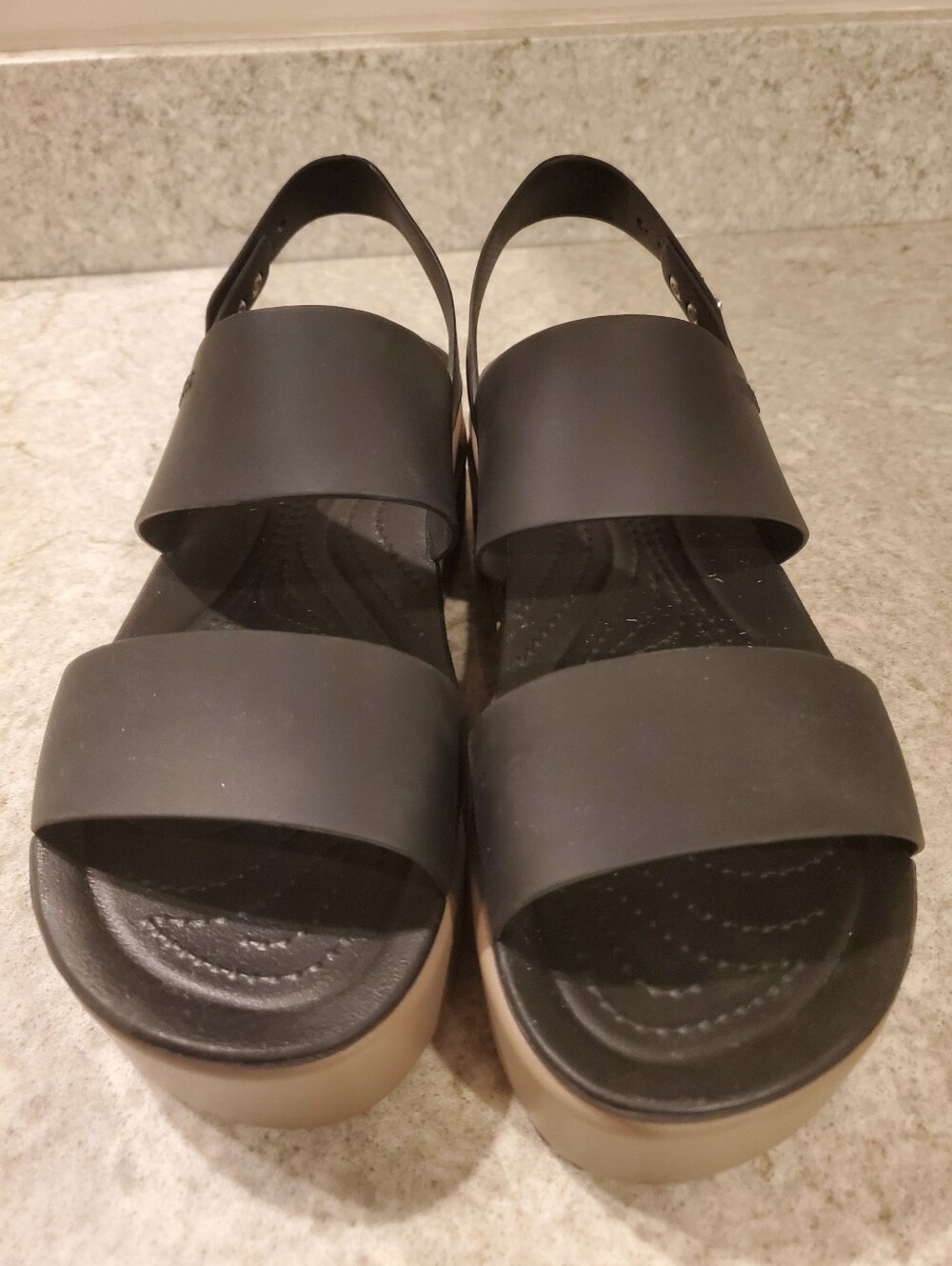 CROCS Black Platform Slingback Sandals with Tan Sole